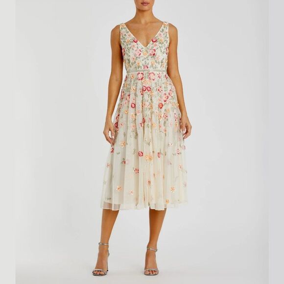 Mac Duggal 5527 Size 12 Ivory White Floral Beaded Sequin V-Neck Midi‎ Gown Dress - Picture 5 of 7